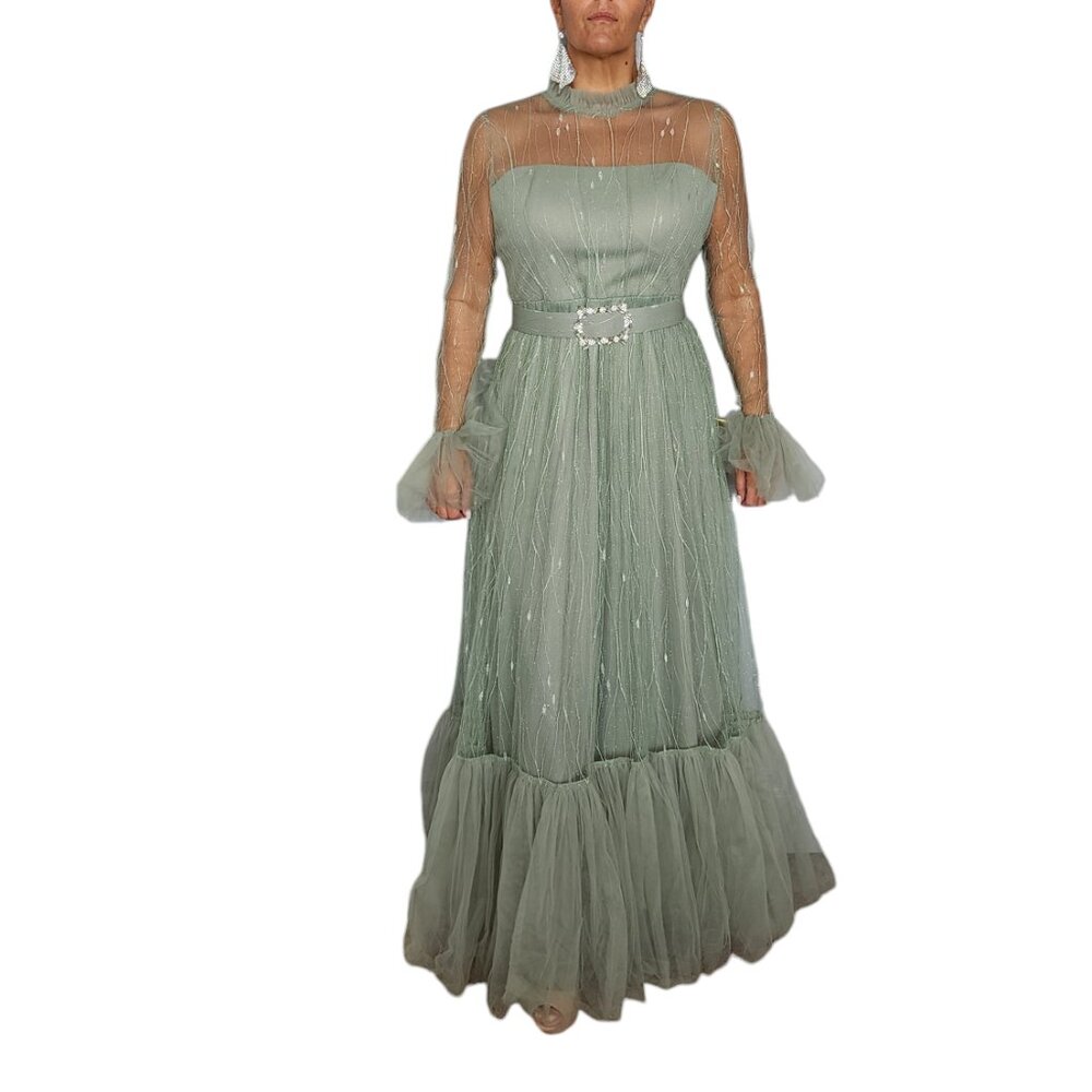 Women's Green Tulle Evening Gown with Sheer Sleeves Rhinestone Belt Size S